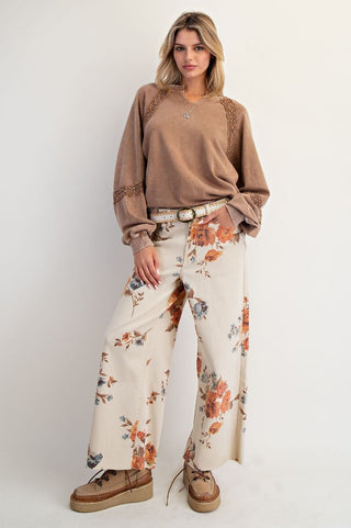 Flower Print Stretch Washed Twill Pants - Khaki