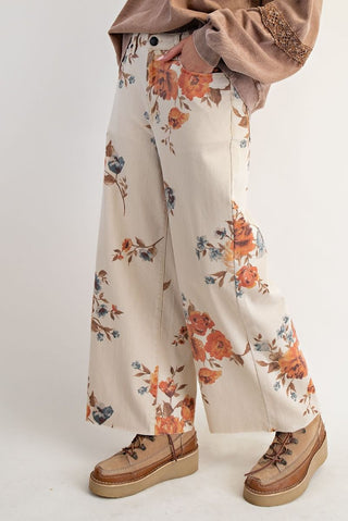 Flower Print Stretch Washed Twill Pants - Khaki