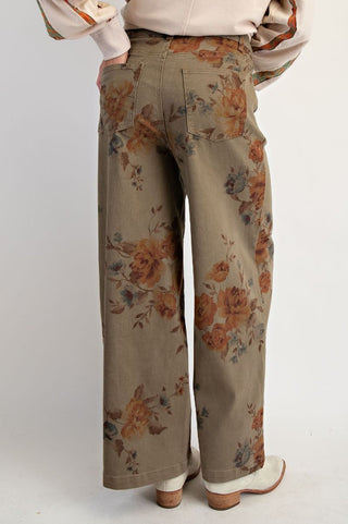 Flower Print Stretch Washed Twill Pants - Olive