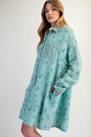 Printed Cotton Gauze Washed Shirt Dress - Atlantis Green