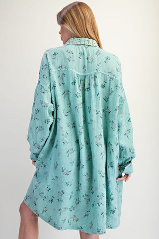 Printed Cotton Gauze Washed Shirt Dress - Atlantis Green