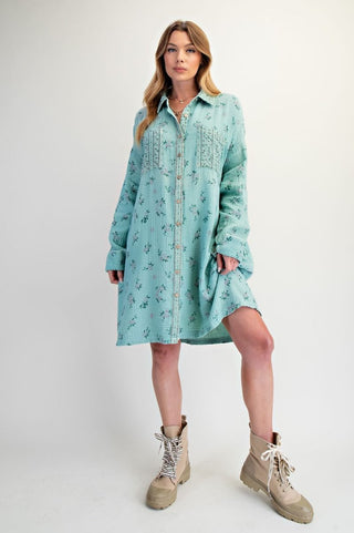 Printed Cotton Gauze Washed Shirt Dress - Atlantis Green