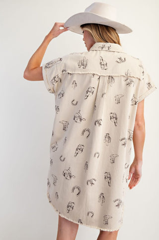 Western Print Washed Twill Shirt Dress - Khaki
