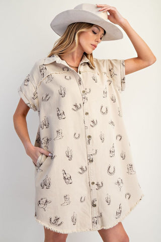 Western Print Washed Twill Shirt Dress - Khaki
