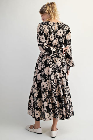 Floral Print Gauze Dress - Black