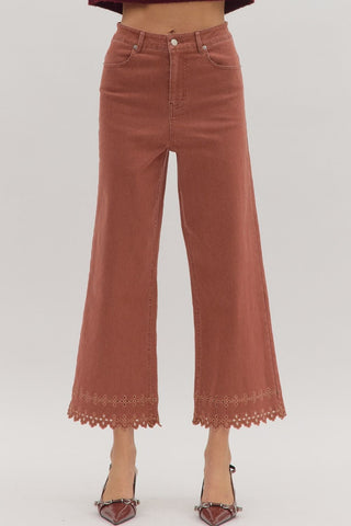 Ankle Length Pants with Embroidered Hem - Brick