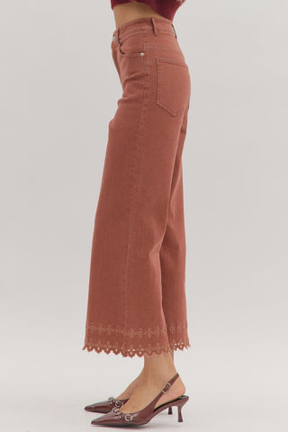 Ankle Length Pants with Embroidered Hem - Brick