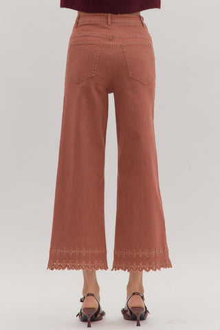Ankle Length Pants with Embroidered Hem - Brick