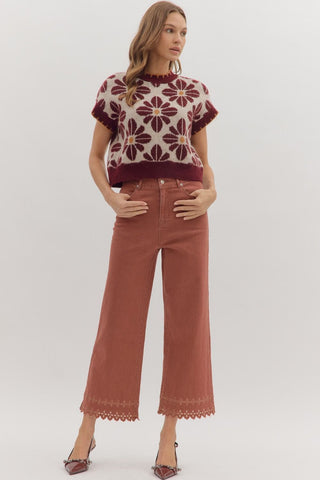 Ankle Length Pants with Embroidered Hem - Brick