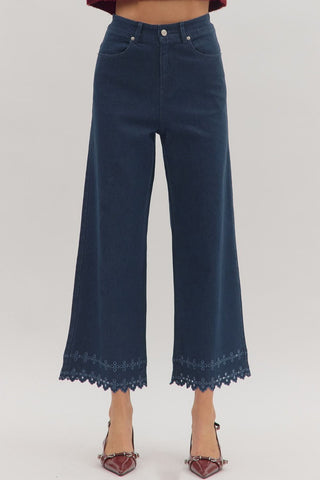 Ankle Length Pants with Embroidered Hem - Dk. Denim