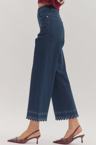 Ankle Length Pants with Embroidered Hem - Dk. Denim