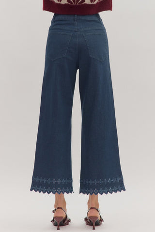 Ankle Length Pants with Embroidered Hem - Dk. Denim