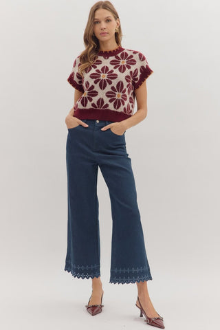 Ankle Length Pants with Embroidered Hem - Dk. Denim