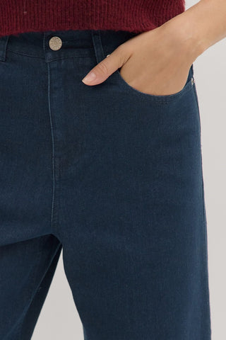Ankle Length Pants with Embroidered Hem - Dk. Denim
