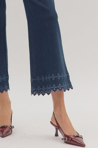 Ankle Length Pants with Embroidered Hem - Dk. Denim