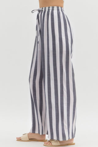 Stripe Print Wide Leg Pants - Black