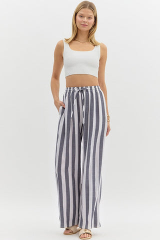 Stripe Print Wide Leg Pants - Black
