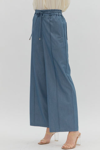 High-Waist Pintuck Pants - Light Denim