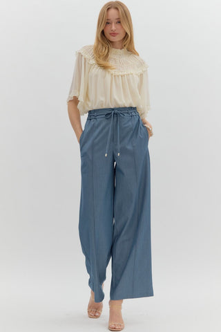 High-Waist Pintuck Pants - Light Denim