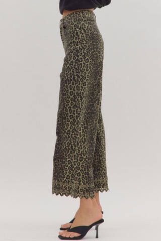 Leopard Pants with Embroidery Hem - Olive