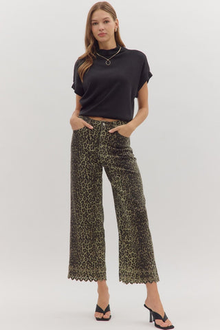 Leopard Pants with Embroidery Hem - Olive