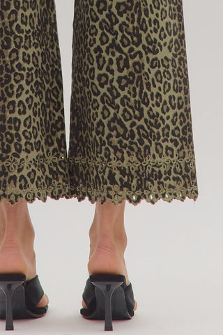Leopard Pants with Embroidery Hem - Olive