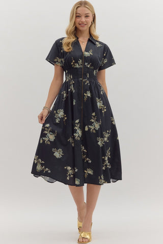 Smocked Waist Floral Midi Dress - Black