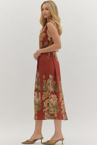 Floral Print Sleeveless Midi Dress - Rust