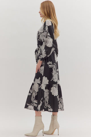 Long Sleeve Black & White Floral Dress with Buttons