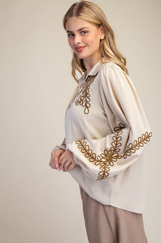 Embroidery Detailing Button Down Shirt - Khaki
