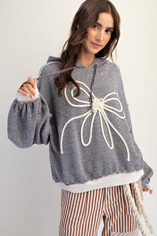 Bow Embroidery Pullover Hoodie - Black