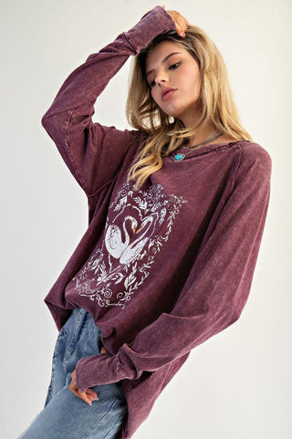 Swan Graphic Front Mineral Washed Cotton Slub Knit Top