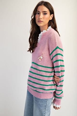 Stripe Pattern Sweater - Cotton Pink
