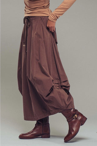 Balloon Hem Drawstring Maxi Skirt - Brown