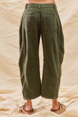Mid Rise Corduroy Barrel Pants - Olive