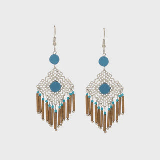 Pair of earrings with blue and brown beads on a white background
