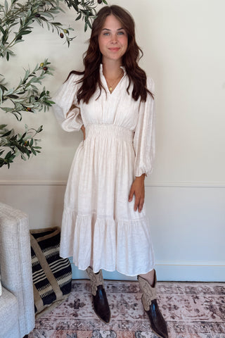 Jacquard Midi Dress with Smocked Waist - Ecru