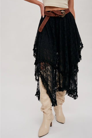 Lace Tier Midi Skirt - Black