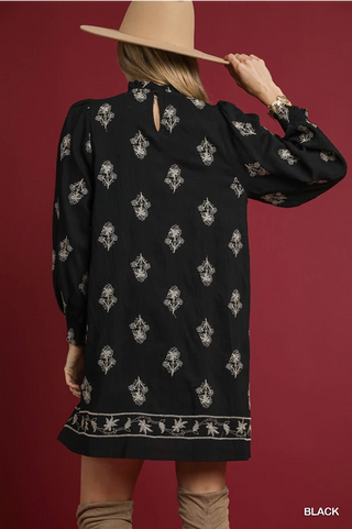 Embroidered Long Sleeve Mini Dress - Black