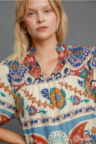 Split Neck Print Top - Blue Mix