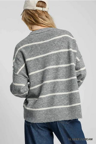 Wool Blend Grey and White Stripe Sweater