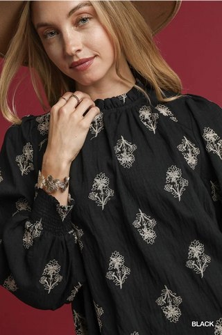 Embroidered Long Sleeve Mini Dress - Black