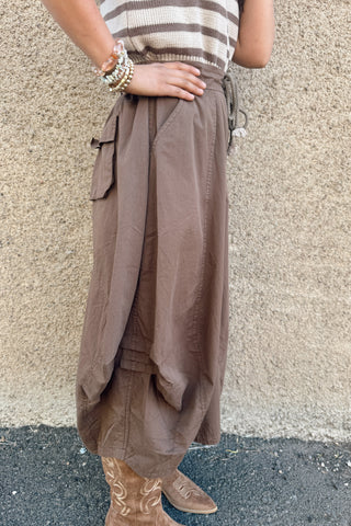 Balloon Hem Drawstring Maxi Skirt - Brown