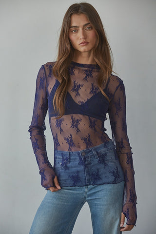 Navy Blue Jacquard Lace Mock Neck Top