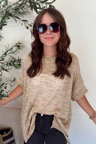 Short SLVS Multi Color Thread Knitted Sweater Top - Milk Tea