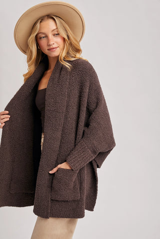 Open Front Boucle Knit Cardigan -Espresso
