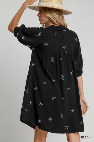 Linen Blend Embroidered Henley Dress - Black