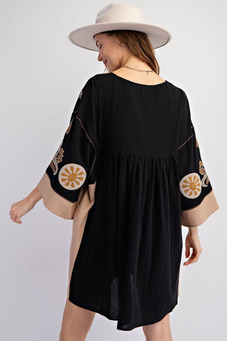 Chic Babydoll Embroidered Tunic Dress - Black