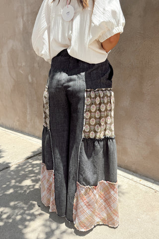 Black Denim Patchwork Palazzo Pants