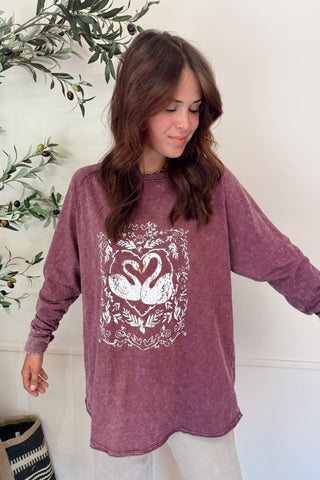 Swan Graphic Front Mineral Washed Cotton Slub Knit Top